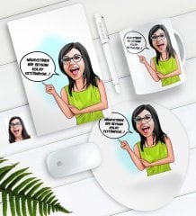Kişiye Özel Bayan Kolay Yetişmiyor Karikatürlü Defter Kalem Kupa Mouse Pad Seti-5