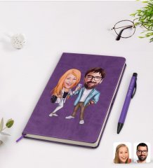Kişiye Özel Sevgililer Karikatürlü Mor Termo Deri Defter Kalem Seti Model 93