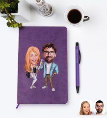 Kişiye Özel Sevgililer Karikatürlü Mor Termo Deri Defter Kalem Seti Model 93