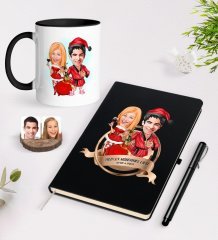 Kişiye Özel Yılın En Mükemmel Çifti Karikatürlü Siyah Defter Kalem ve Kupa Seti-65
