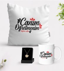 Kişiye Özel Canım Öğretmenim Beyaz Kupa Yastık ve İsimli Papatya Kolye Hediye Seti-11