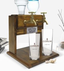 Kişiye Özel Renkli Baskılı Çorum Tasarımlı Turistik İkili Rakı Bardağı ve Çift Musluklu Doğal Ahşap Rakı Standı-1