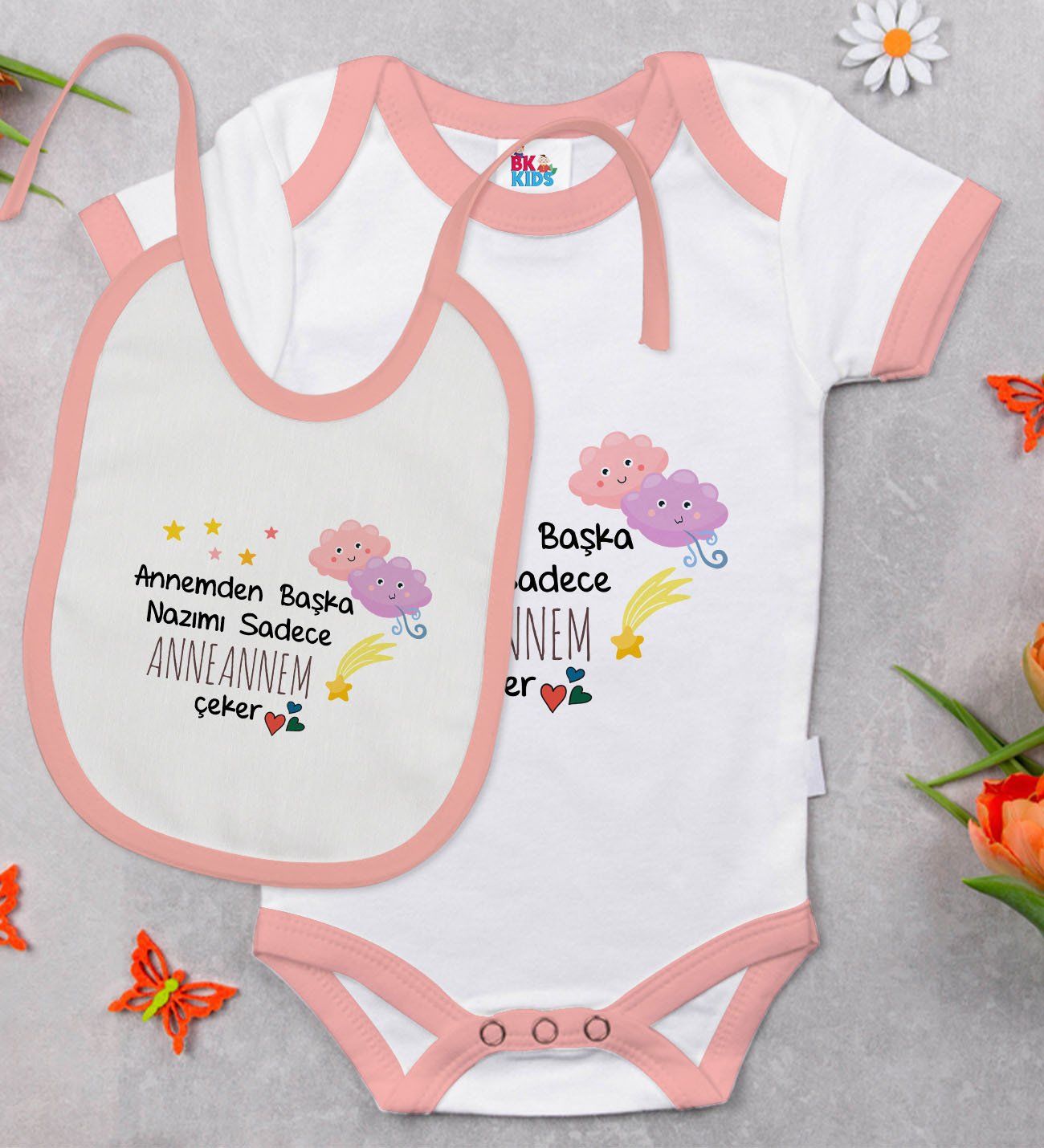 BK Kids Anneannem Tasarımlı Pembe Bebek Body Zıbın ve Mama Önlüğü Hediye Seti-1