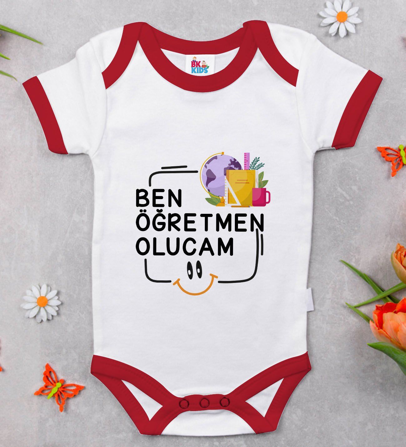 BK Kids Öğretmen Olucam Tasarımlı Kırmızı Bebek Body Zıbın-1