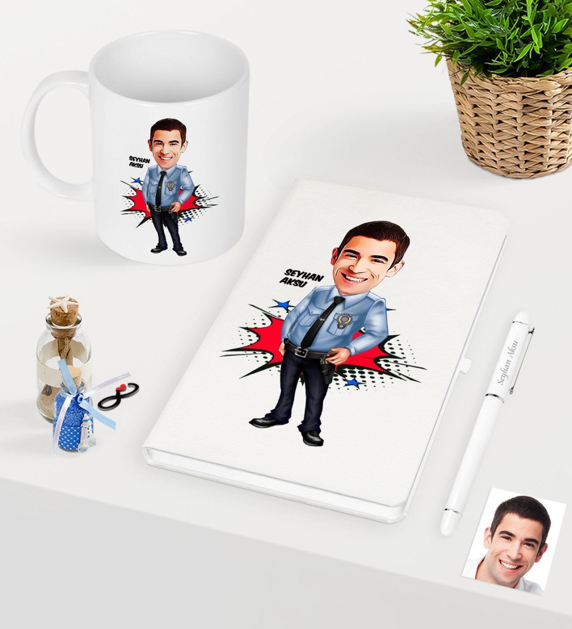 Kişiye Özel Bay Polis Karikatürlü Beyaz Defter Kalem Kupa Seti - 1