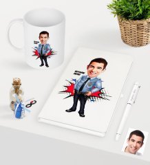 Kişiye Özel Bay Polis Karikatürlü Beyaz Defter Kalem Kupa Seti - 1