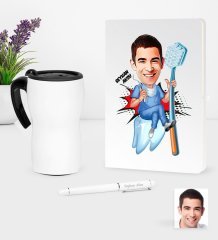 Kişiye Özel Bay Diş Hekimi Karikatürlü Beyaz Defter Kalem ve Termos Mug Seti - 2