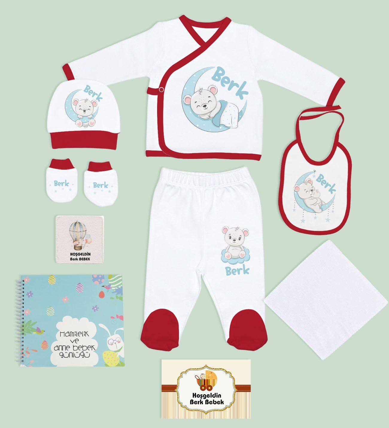 BK Kids Kişiye Özel Kırmızı Hastane Çıkışı, Anne-Bebek Günlüğü, Yeni Doğan Bebek Giyim Hediyesi, 9 Parça Bebek Hediye Seti-3