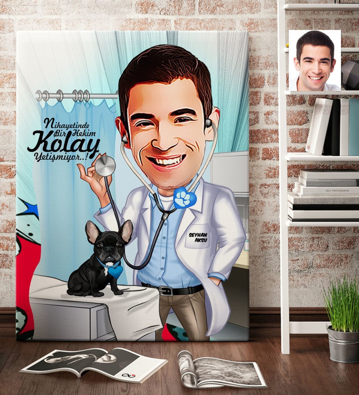 Kişiye Özel Bay Veteriner Hekim Karikatür Kanvas Tablo (70 x 100 cm.) 1