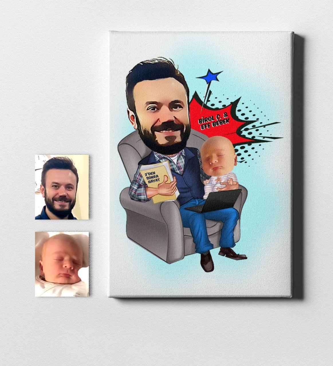 Kişiye Özel Baba Oğul Karikatür Kanvas Tablo (50 x 70 cm.) 1