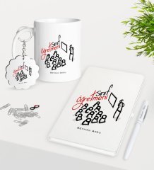 Kişiye Özel Sınıf Öğretmeni Kupa Anahtarlık Beyaz Defter Kalem Hediye Seti-2
