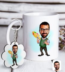 Kişiye Özel Erkek Ressam Karikatürlü Beyaz Kupa ve Anahtarlık Hediye Seti-1