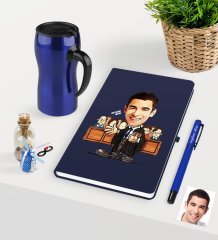Kişiye Özel Bay Avukat Karikatürlü Lacivert Defter Kalem ve Termos Mug Seti  - 2