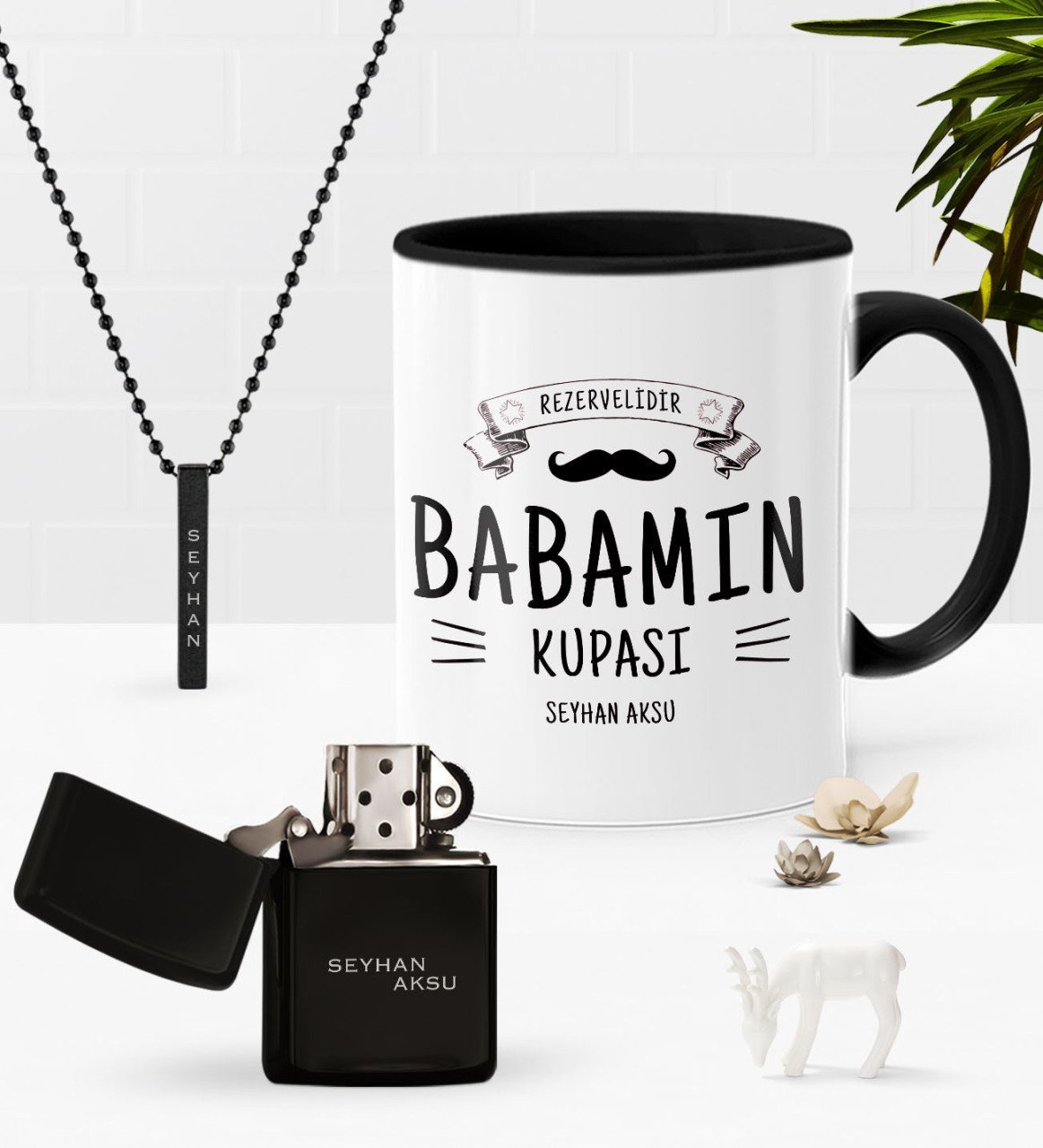 Kişiye Özel Babamın Kupası Siyah Kupa Benzinli Çakmak Kolye Seti