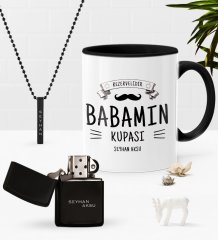 Kişiye Özel Babamın Kupası Siyah Kupa Benzinli Çakmak Kolye Seti