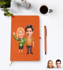 Kişiye Özel Sevgililer Karikatürlü Turuncu Termo Deri Defter Kalem Seti Model 110