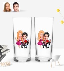 Kişiye Özel Sevgililer Karikatürlü 2’li Rakı Bardağı ve Meze Tabaklı Doğal Masif Ahşap Servis Sunum Tepsisi Model 9