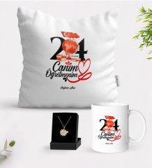 Kişiye Özel Canım Öğretmenim Beyaz Kupa Yastık ve İsimli Papatya Kolye Hediye Seti-10