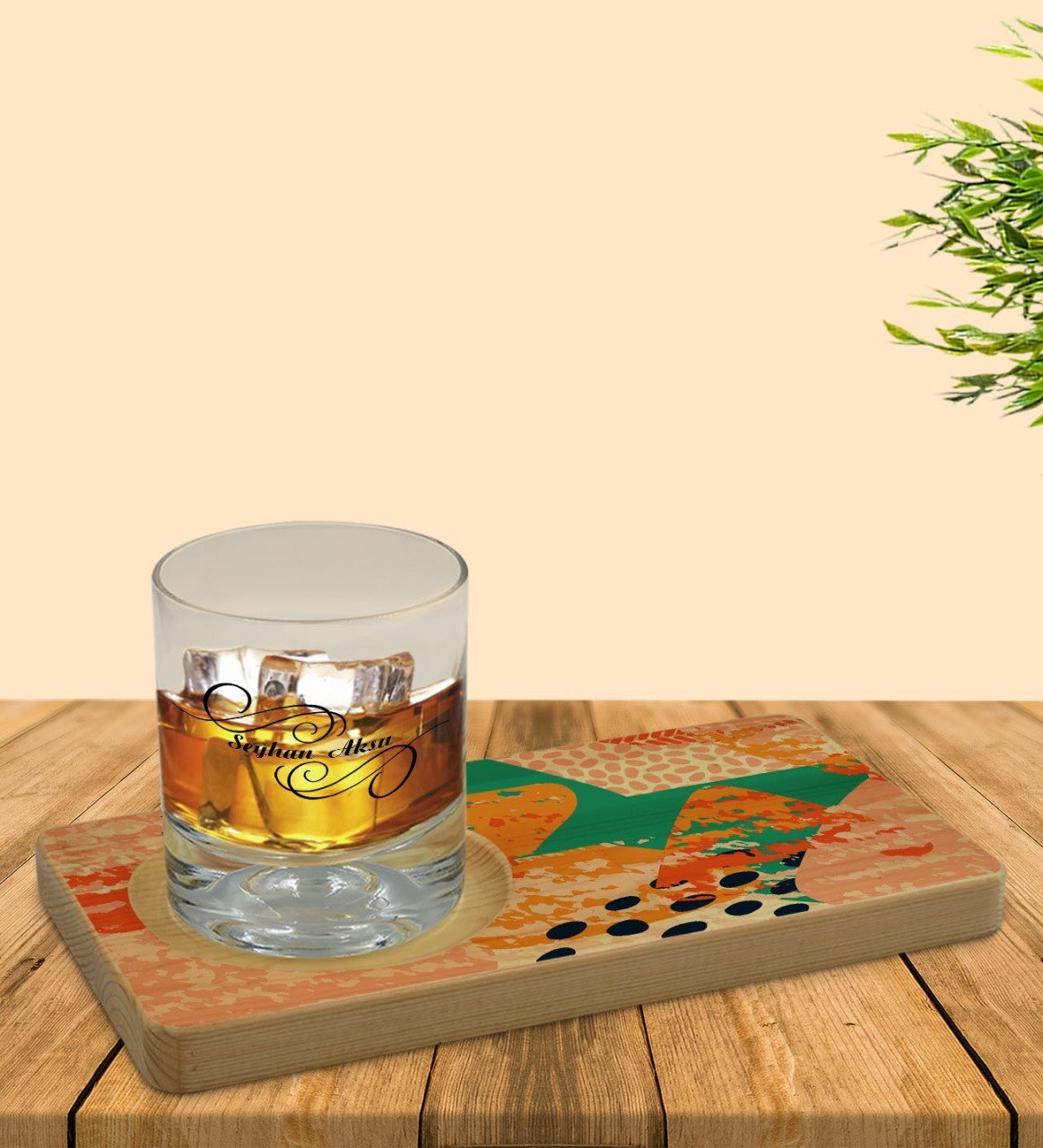 Kişiye Özel Modern Art Tasarımlı Doğal Ahşap Tabaklı Viski Bardağı Sunum Seti Model 1