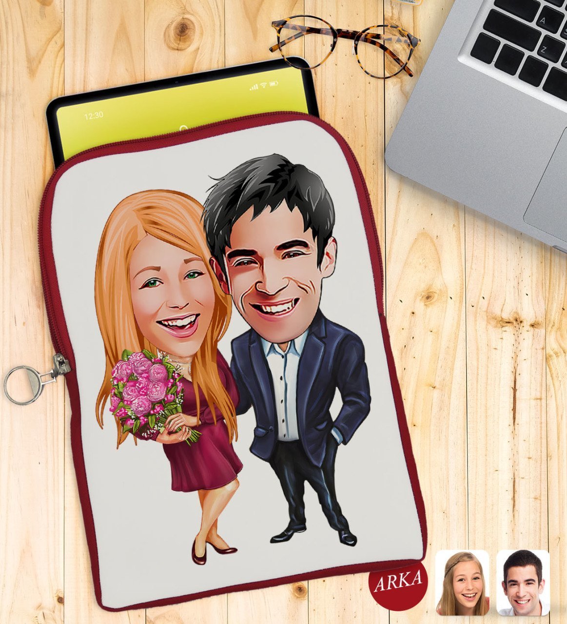 Kişiye Özel Sevgililer Karikatürlü Taşınabilir Koruyucu Tablet Kılıfı & Organizer Çanta - Kırmızı-94