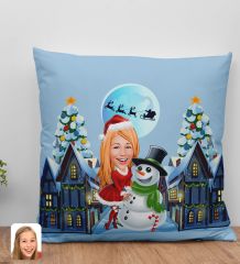BK Gift Kişiye Özel Kadın Yeni Yıl Karikatürlü Beyaz Yastık-1