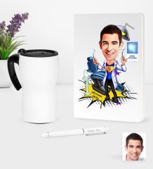 Kişiye Özel Bay Diş Hekimi Karikatürlü Beyaz Defter Kalem ve Termos Mug Seti - 1