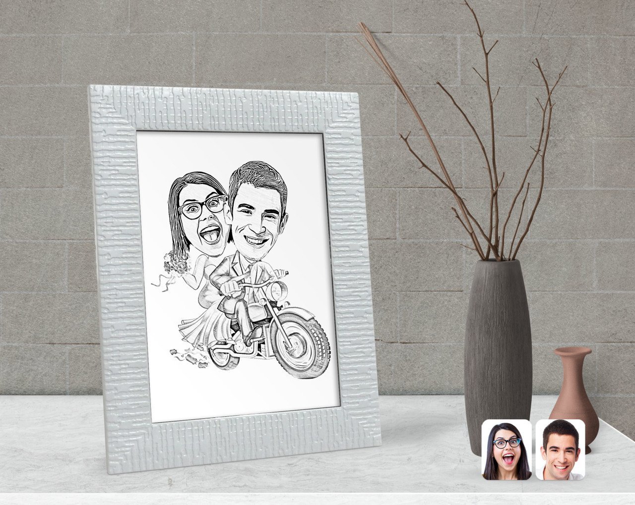 Kişiye Özel Karakalem Gelin Damat Karikatürlü Dekoratif Çerçeve-1