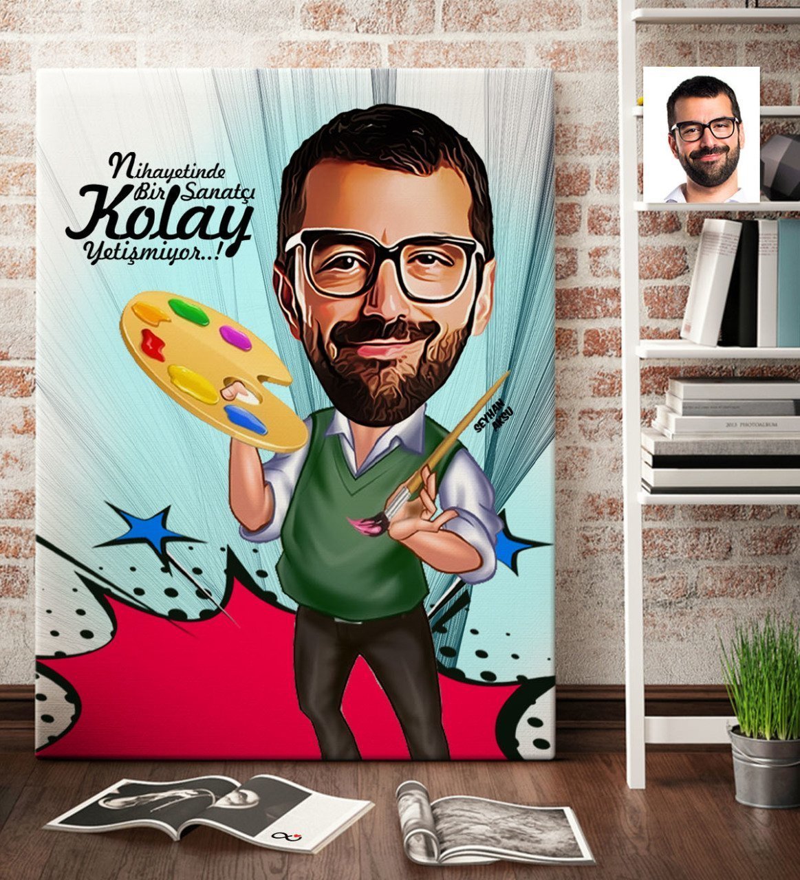 Kişiye Özel Bay Ressam Karikatür Kanvas Tablo (70 x 100 cm.) 1