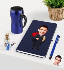 Kişiye Özel Bay Avukat Karikatürlü Lacivert Defter Kalem ve Termos Mug Seti  - 1