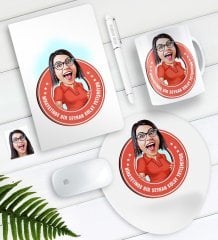 Kişiye Özel Bayan Kolay Yetişmiyor Karikatürlü Defter Kalem Kupa Mouse Pad Seti-3