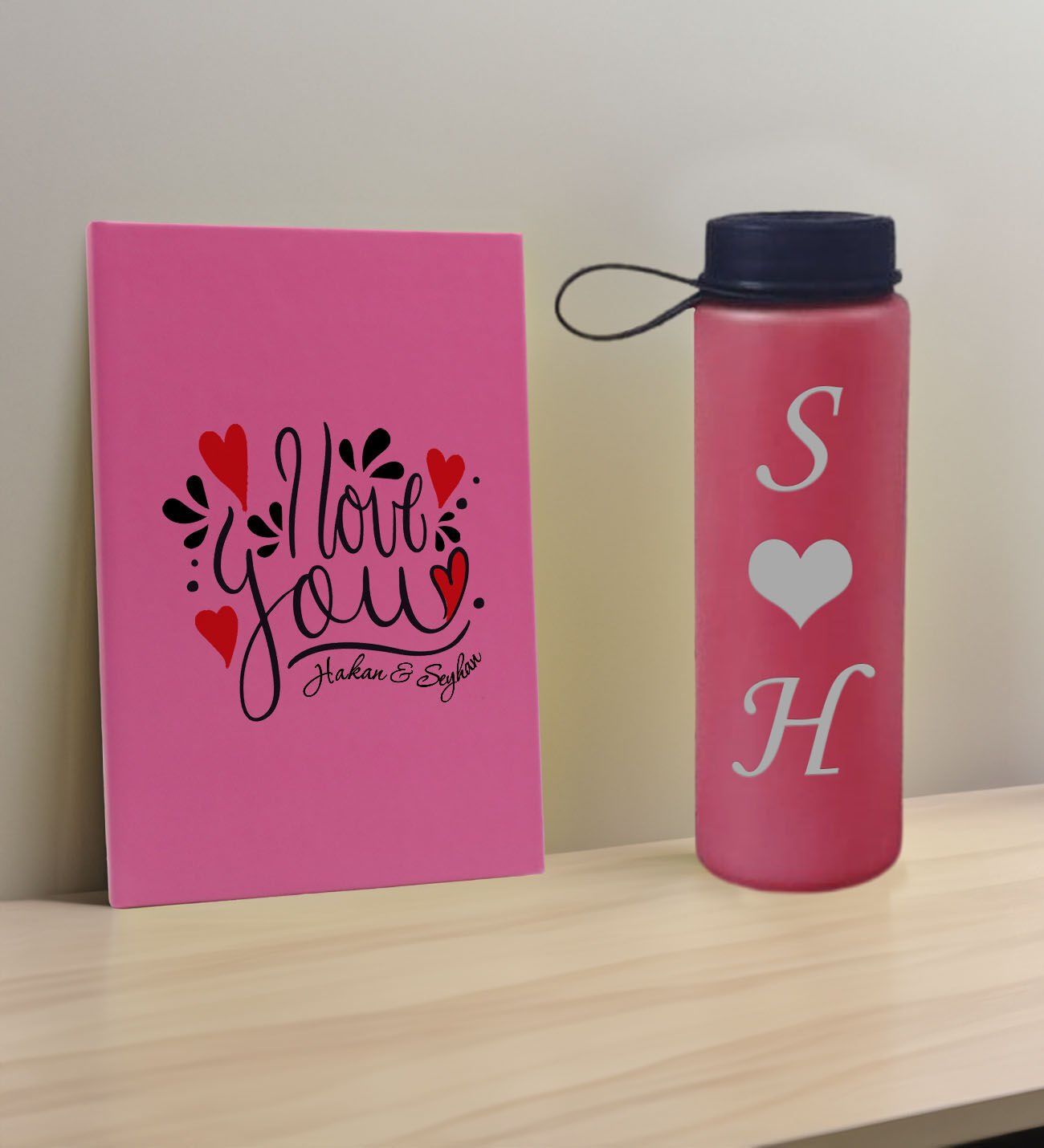 BK Gift Sevgiliye Özel İsimli Pembe Defter ve Fuşya Cam Matara Hediye Seti-13, Sevgiliye Hediye, Sevgililer Günü, Yeni İş Hediyesi