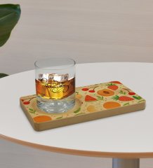 Kişiye Özel Meyveler Tasarımlı Doğal Ahşap Tabaklı Viski Bardağı Sunum Seti Model 3