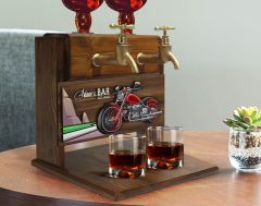 BK Gift Kişiye Özel Kabartma Motorsiklet Tasarımlı Çift Musluklu Doğal Ahşap İçki Standı-2, İçki Standı, Doğum Günü Hediyesi, Ev Hediyesi, Erkek Hediye