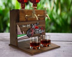 BK Gift Kişiye Özel Kabartma Motorsiklet Tasarımlı Çift Musluklu Doğal Ahşap İçki Standı-2, İçki Standı, Doğum Günü Hediyesi, Ev Hediyesi, Erkek Hediye
