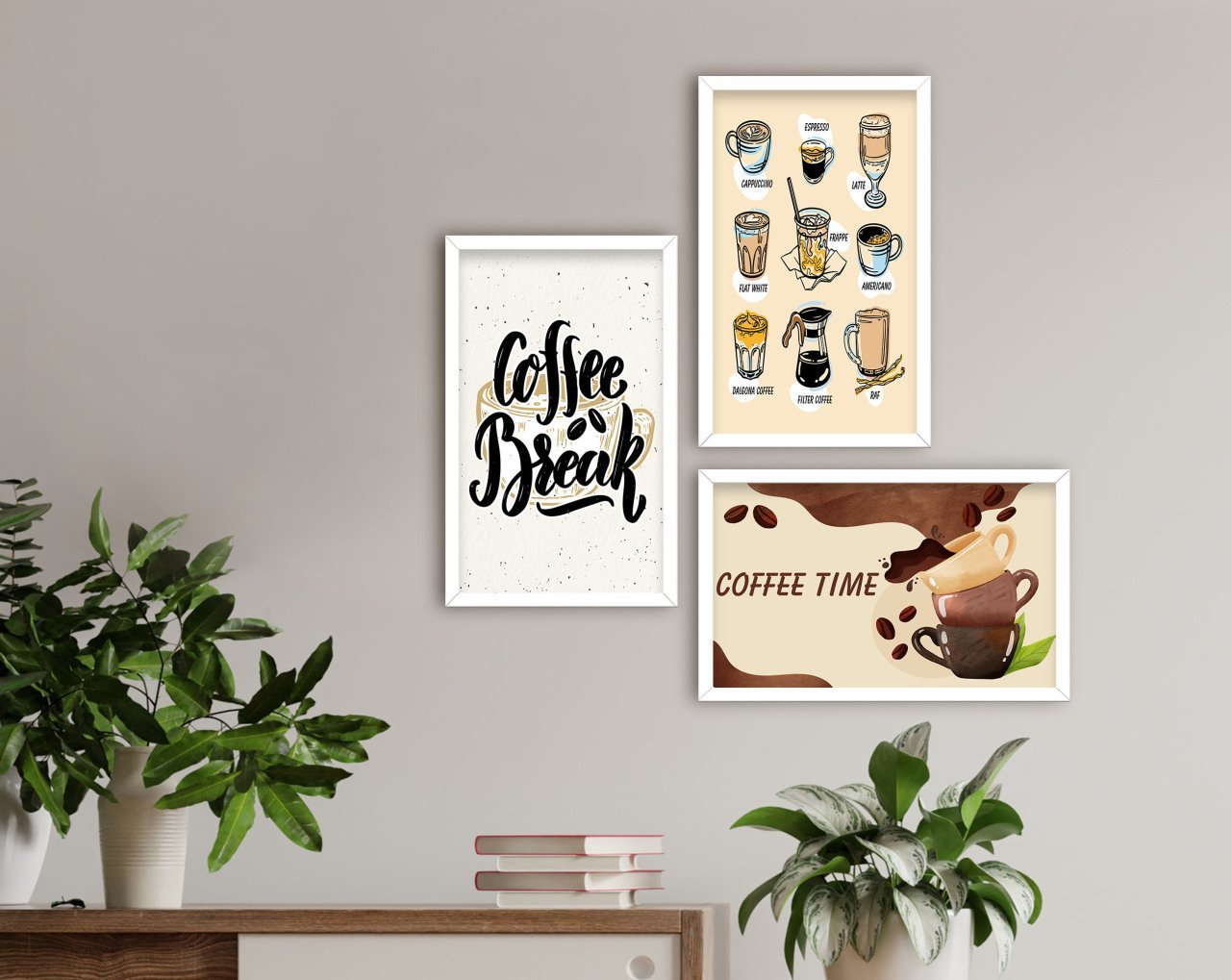 BK Home Coffee Tasarımlı Dekoratif 3’lü Ahşap Beyaz Çerçeveli Tablo-14