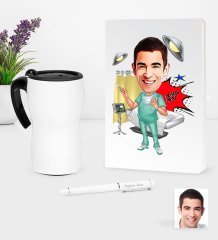 Kişiye Özel Bay Cerrah Karikatürlü Beyaz Defter Kalem ve Termos Mug Seti - 1