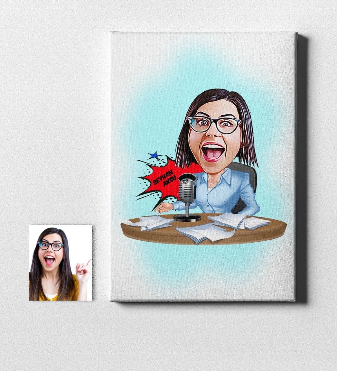Kişiye Özel Bayan Sunucu Spiker Karikatür Kanvas Tablo (50 x 70 cm.) 1