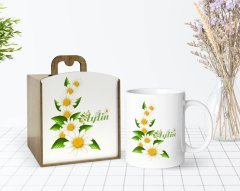 Kişiye Özel Ahşap Kutuda Papatya Temalı Beyaz Kupa Bardak-8