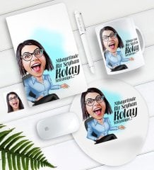 Kişiye Özel Bayan Kolay Yetişmiyor Karikatürlü Defter Kalem Kupa Mouse Pad Seti-2