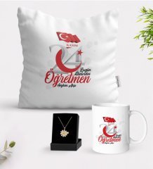 Kişiye Özel Bugün Günlerden Öğretmen Beyaz Kupa Yastık ve İsimli Papatya Kolye Hediye Seti-2