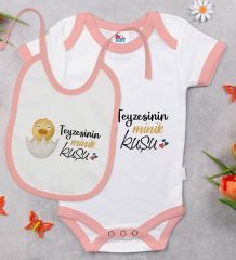 BK Kids Teyzesinin Minik Kuşu Tasarımlı Pembe Bebek Body Zıbın ve Mama Önlüğü Hediye Seti-1