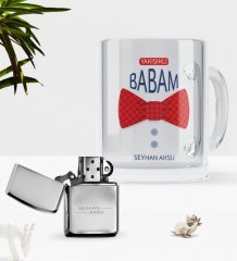 Kişiye Özel Yakışıklı Babam Cam Kupa Bardak Benzinli Çakmak Seti-6