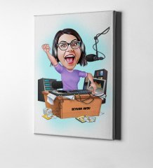 Kişiye Özel Bayan Radyocu Karikatür Kanvas Tablo (50 x 70 cm.) 1