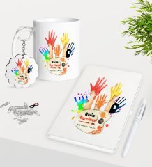 Kişiye Özel Resim Öğretmeni Kupa Anahtarlık Beyaz Defter Kalem Hediye Seti-3