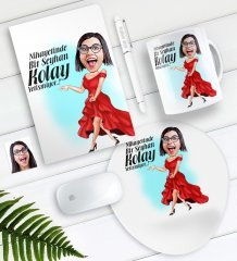 Kişiye Özel Bayan Kolay Yetişmiyor Karikatürlü Defter Kalem Kupa Mouse Pad Seti-1