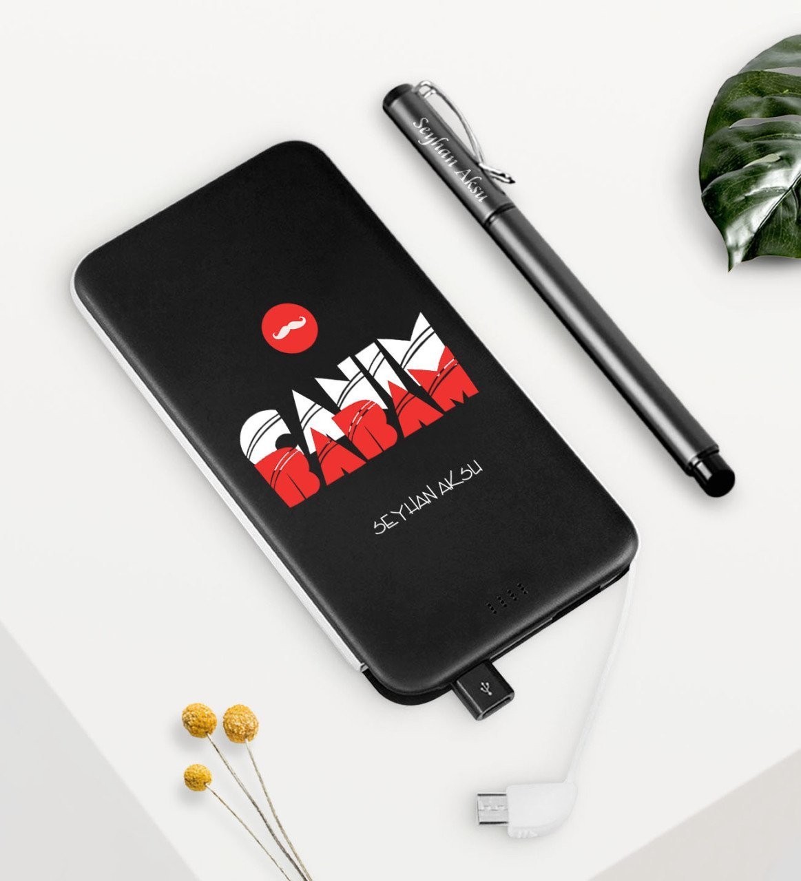 Kişiye Özel Canım Babam Siyah 5000 mAh Powerbank ve Kalem Seti-5