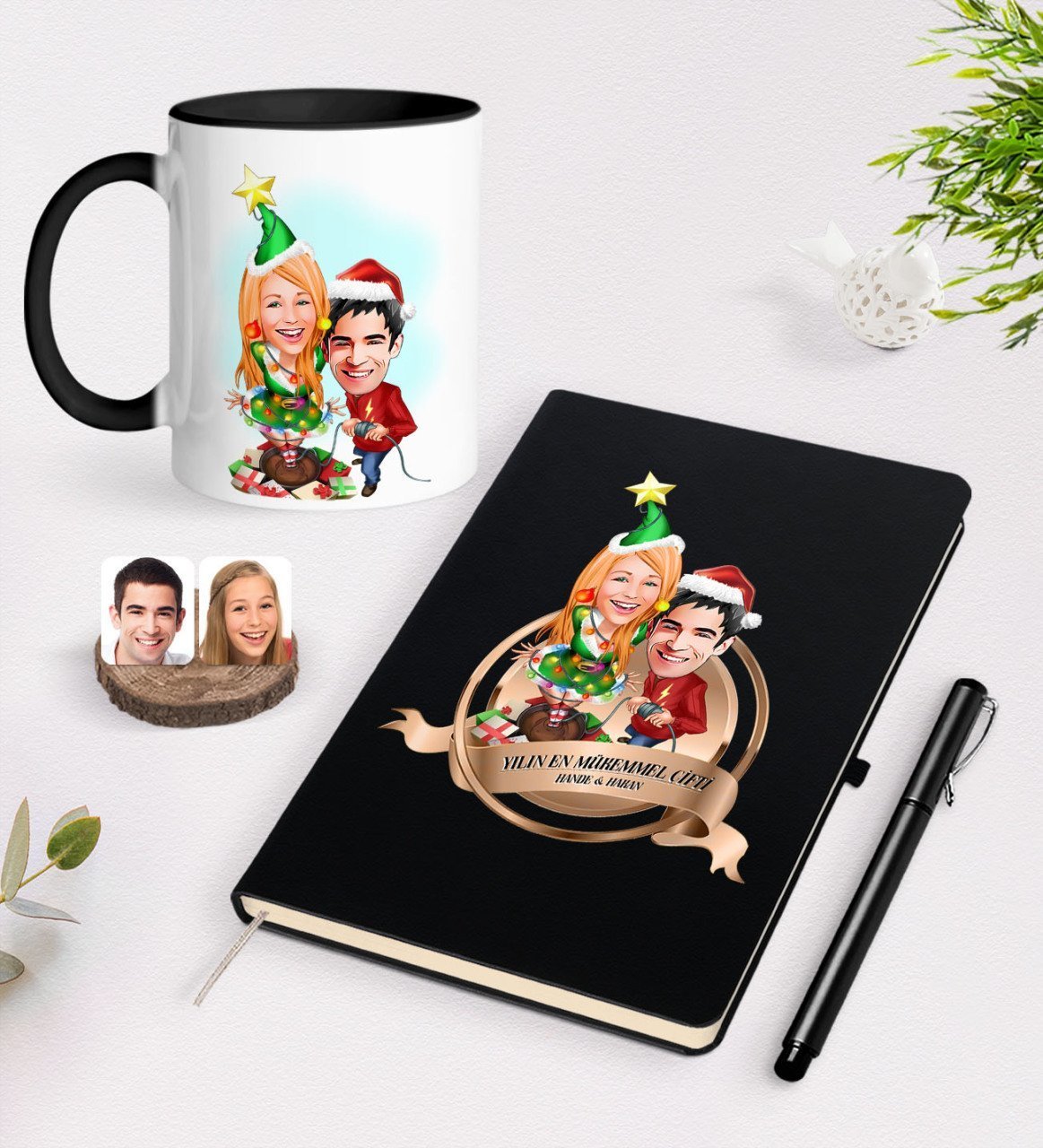 Kişiye Özel Yılın En Mükemmel Çifti Karikatürlü Siyah Defter Kalem ve Kupa Seti-61