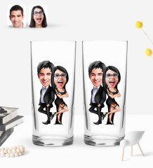 Kişiye Özel Sevgililer Karikatürlü 2’li Rakı Bardağı ve Meze Tabaklı Doğal Masif Ahşap Servis Sunum Tepsisi Model 6