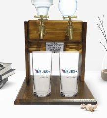 Kişiye Özel Renkli Baskılı Bursa Tasarımlı Turistik İkili Rakı Bardağı ve Çift Musluklu Doğal Ahşap Rakı Standı-2