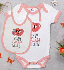 BK Kids Benim Halam Bir Başka Tasarımlı Pembe Bebek Body Zıbın ve Mama Önlüğü Hediye Seti-1